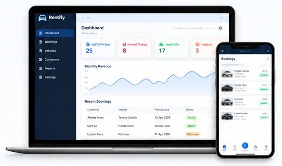 Carfonic dashboard on a laptop and bookings on a phone